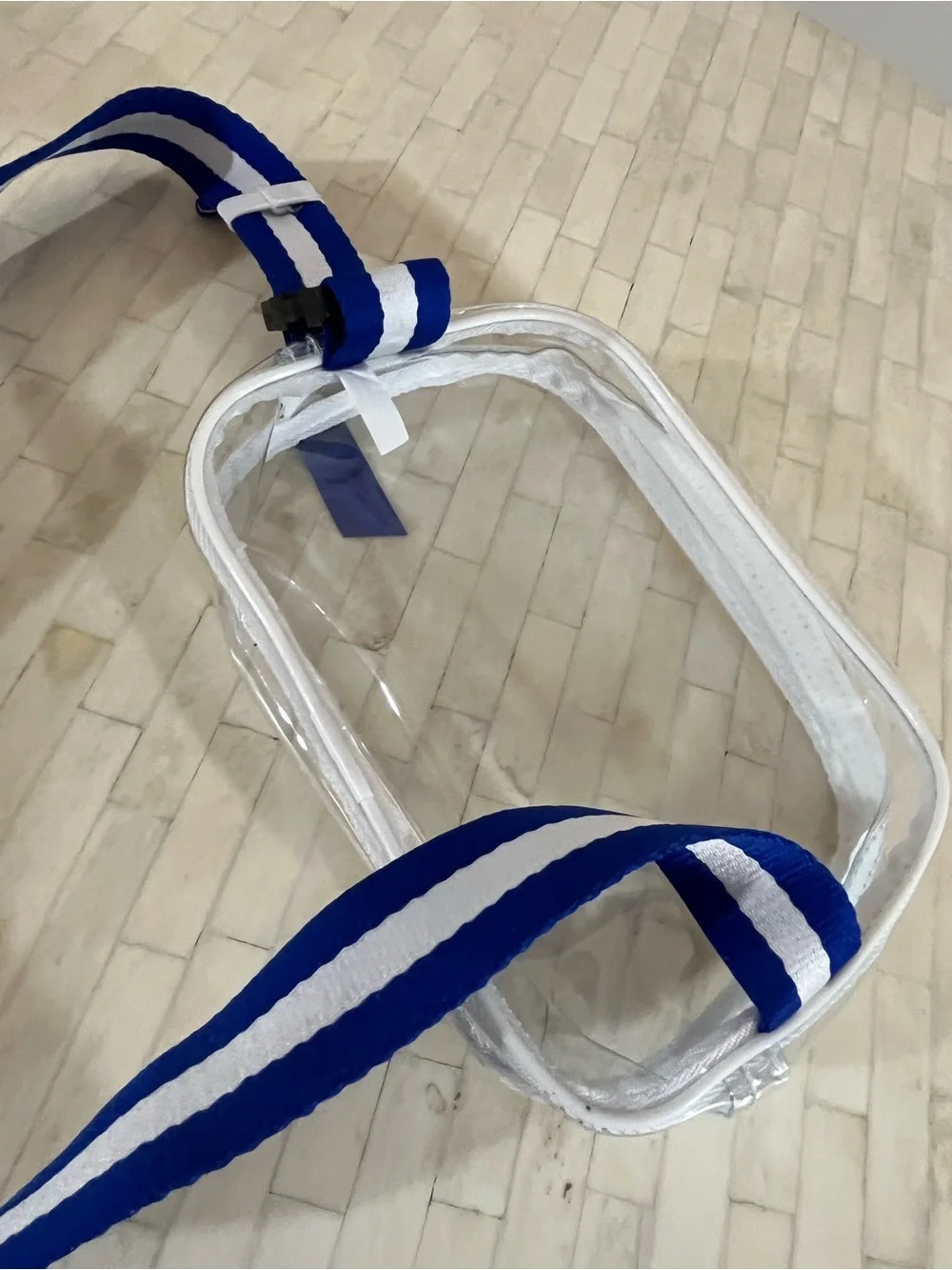 Clear Belt Bag with White Trim and Blue-White Adjustable Strap